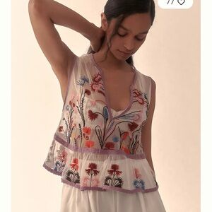 Anthropologie Sheer Embroidered Floral Sleeveless Top